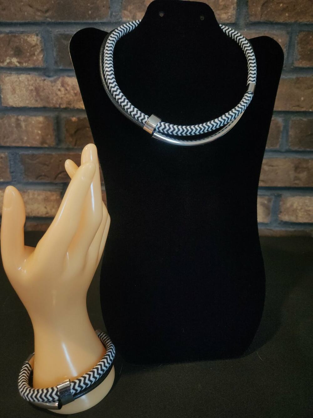 Urban Hip Hop Style Black & White Braided Cord & Metal Tube Necklace & Bracelet